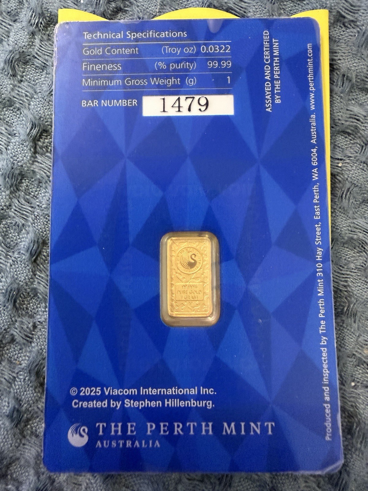 2025 SPONGEBOB SQUAREPANTS 1g .9999 Gold Bar The Perth Mint #1479 of 5000