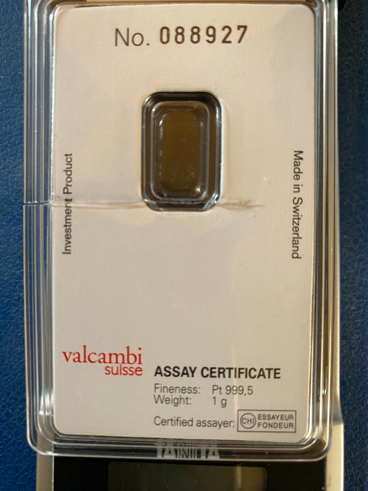 1 Gram Platinum bar Valcambi Suisse #088927 assay In 14 Kt Gold Bezel With Cert.