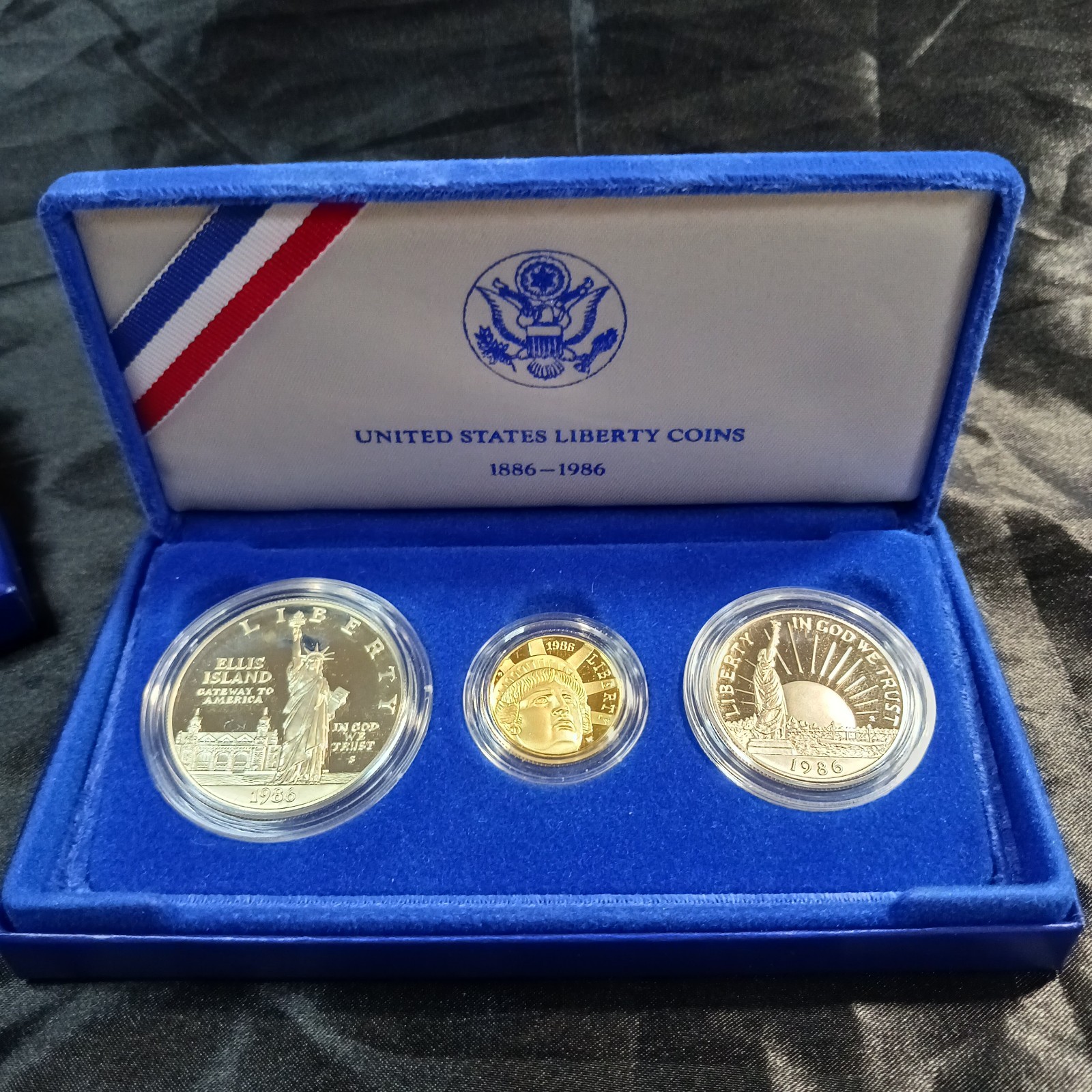 1886-1986 U.S. Liberty 3-Coin Proof Set $5 Gold $1 Silver Half Dollar Box w/COA