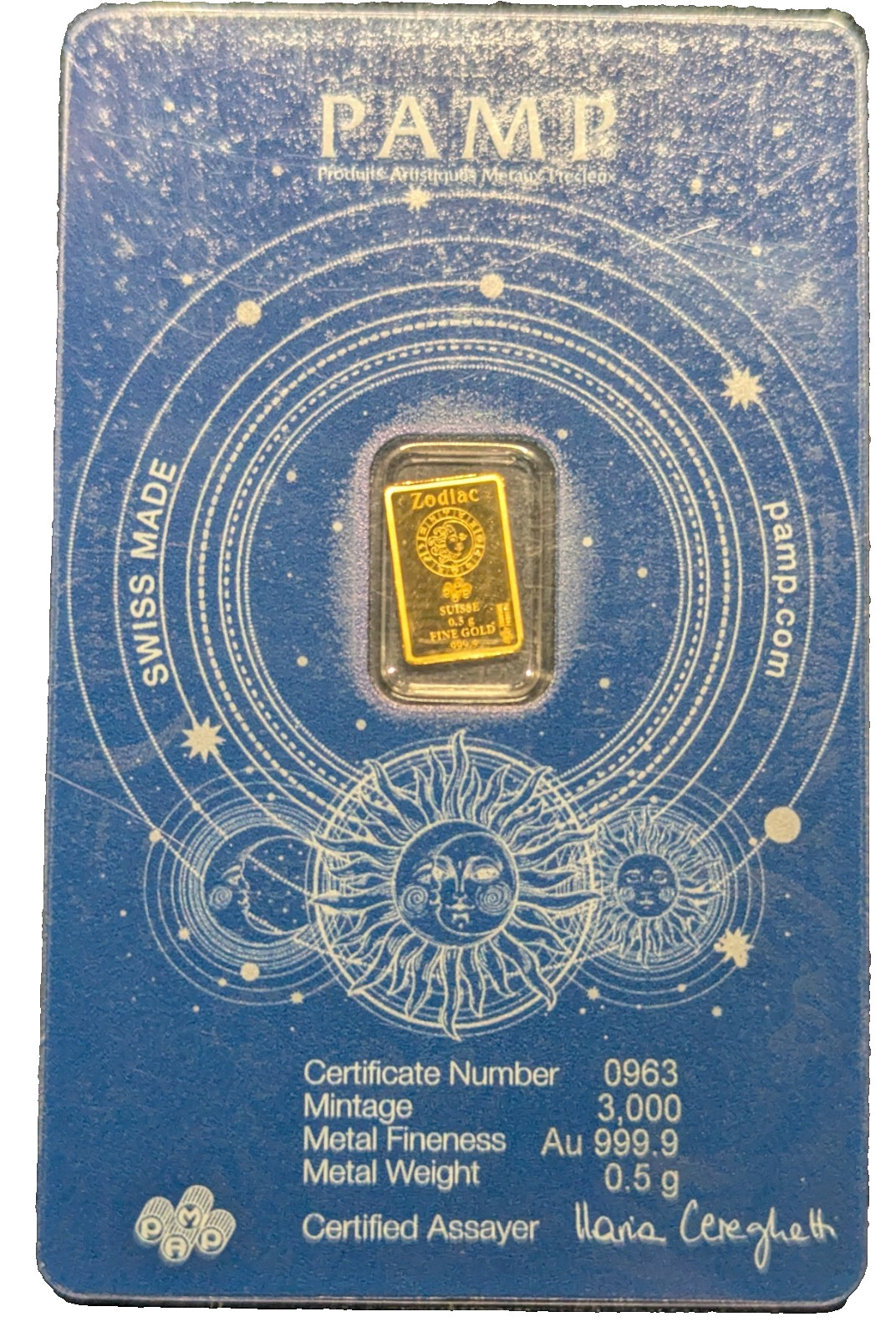 PAMP Suisse – Zodiacs Gemini 1/2 Gram Pure Gold Bar in Assay Card