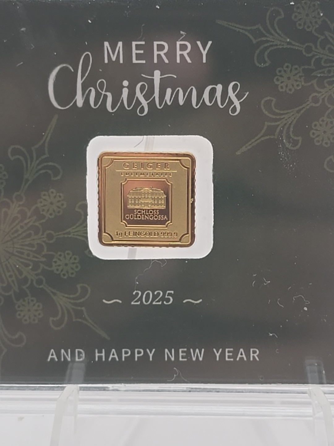 Geiger 1 gram .9999 Gold Bar 2025 MERRY CHRISTMAS & HAPPY NEW YEAR Sealed Assay