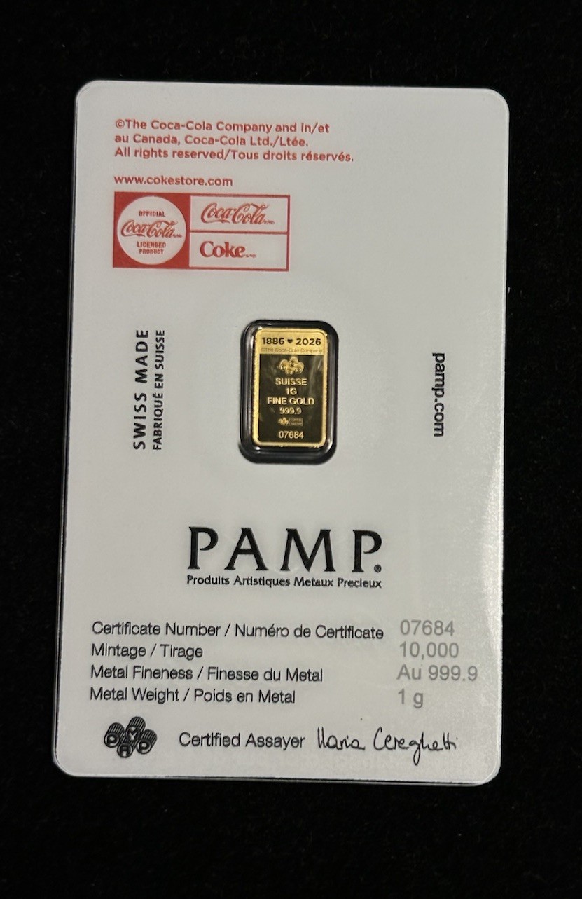 1 Gram Gold Bar PAMP Coca-Cola Valentine’s Love Bar .9999 Fine In TEP w/Sleeve