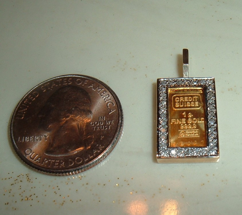 24K GOLD Credit Suisse 999.9 FINE INGOT BAR 14K DIAMOND BEZEL PENDANT FOR CHAIN