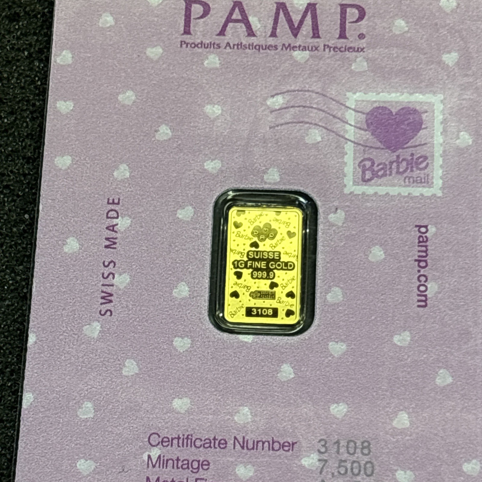 PAMP Suisse Barbie™ 1 Gram .9999 Fine Gold Bar With Sleeve- 5,000 Only