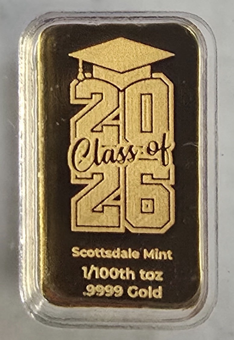 Scottsdale Mint Congrats 2026 Graduation 1/100 oz .9999 Gold Bar Certi-Lock Card