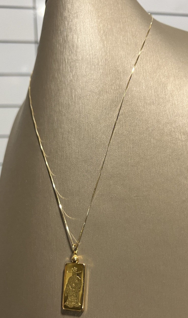 VINTAGE HANG SENG BANK ROYAL MINT 9999 GOLD BAR PENDANT & 14K BOX CHAIN NECKLACE