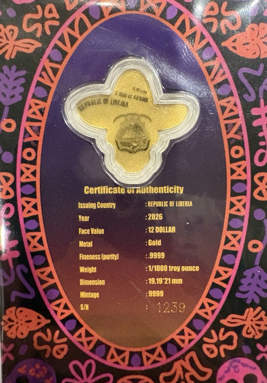 2026 Liberia 1/1000th Gold Carded Dia De Los Muertos Special Shaped with Capsule