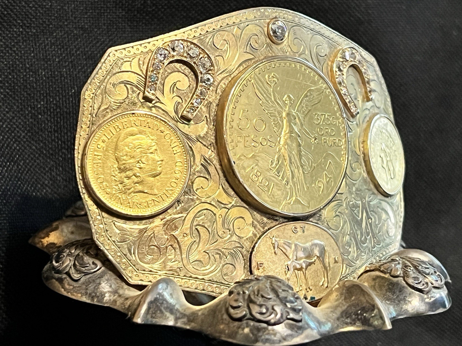 Ornate Gold Coin and Diamond Belt Buckle