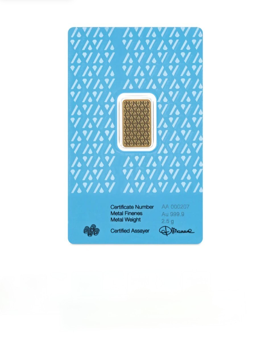 2.5 Gram Acre Limited Edition PAMP Suisse 999,9 Fine Gold Bar Sealed Assay Card
