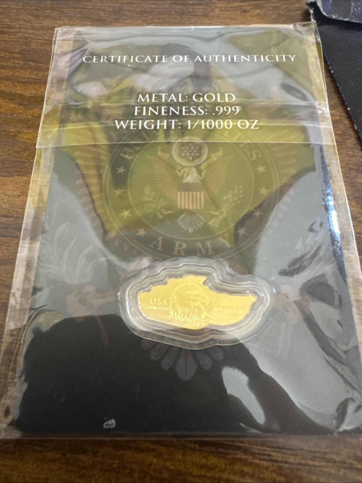 U.S. Army Gold Tank / 1/1000th Gold Encapsulated/ God Bless U.S.A. Eagle