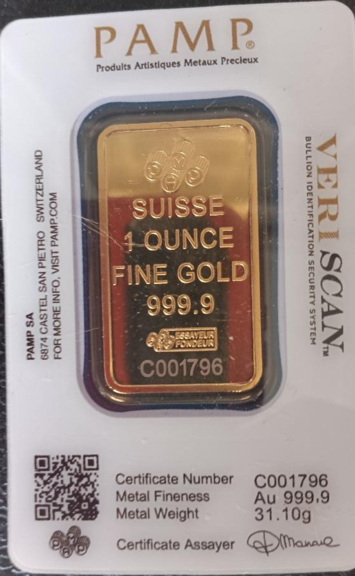 PAMP Suisse 1 Ounce Gold Bar 999.9 Fine Gold Bullion Bar, 1 oz, Gold, Bar Shape