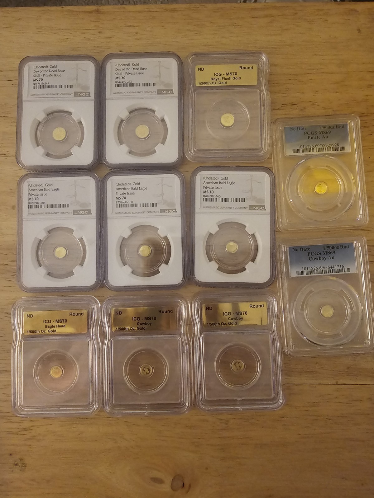 NGC PCGS ICG Slabbed Undated Gold Rounds Mixed Lot 3-1/200 oz & 8-1/500 oz