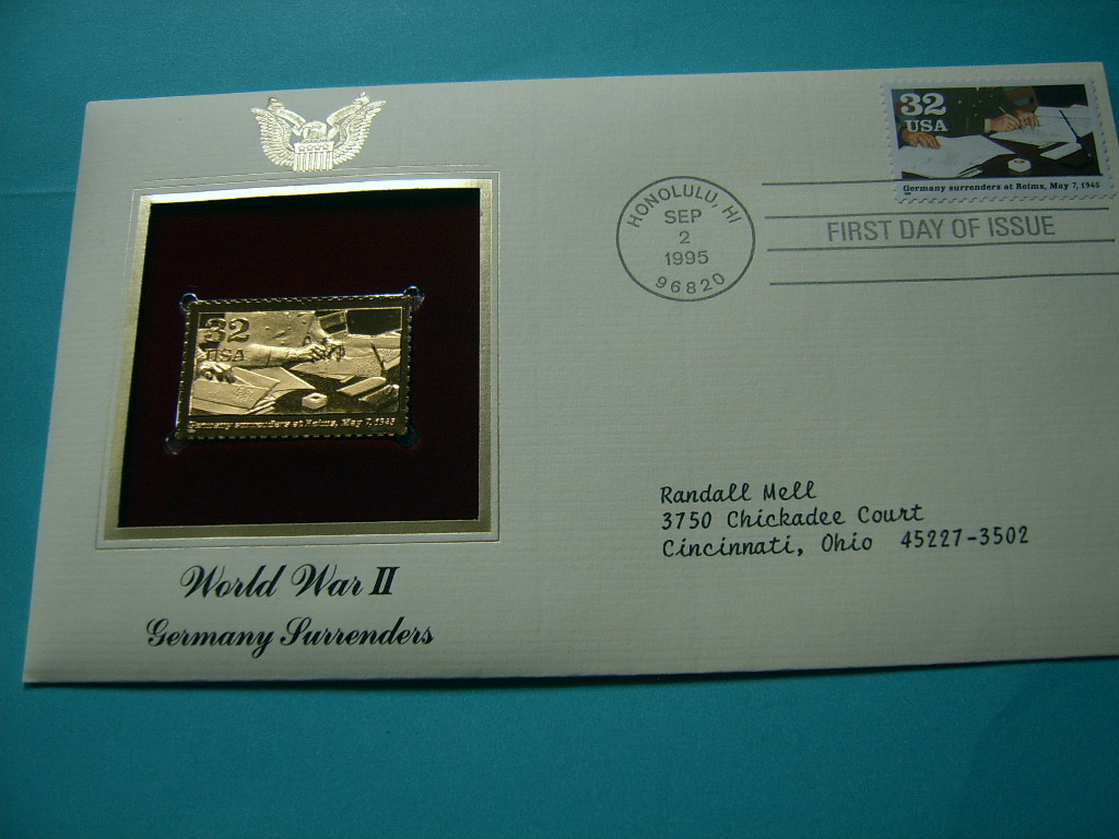 GERMANY SURRENDERS AT REIMS 1945 WORLD WAR II 22KT GOLD STAMP COMMEM NICE #23