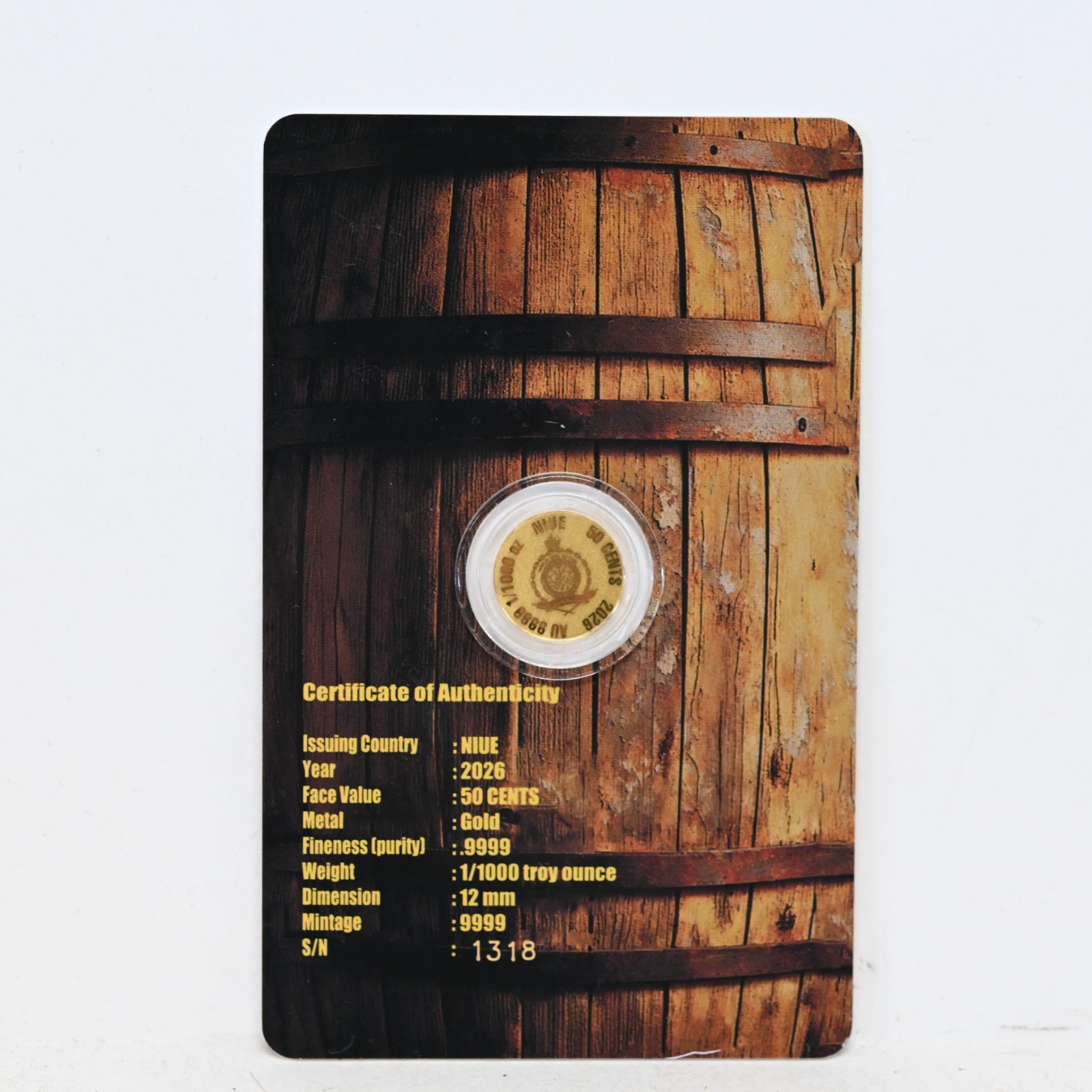 2026 American Whiskey Bourbon 1/1000-oz .9999 Gold Coin in Card (slx5262)