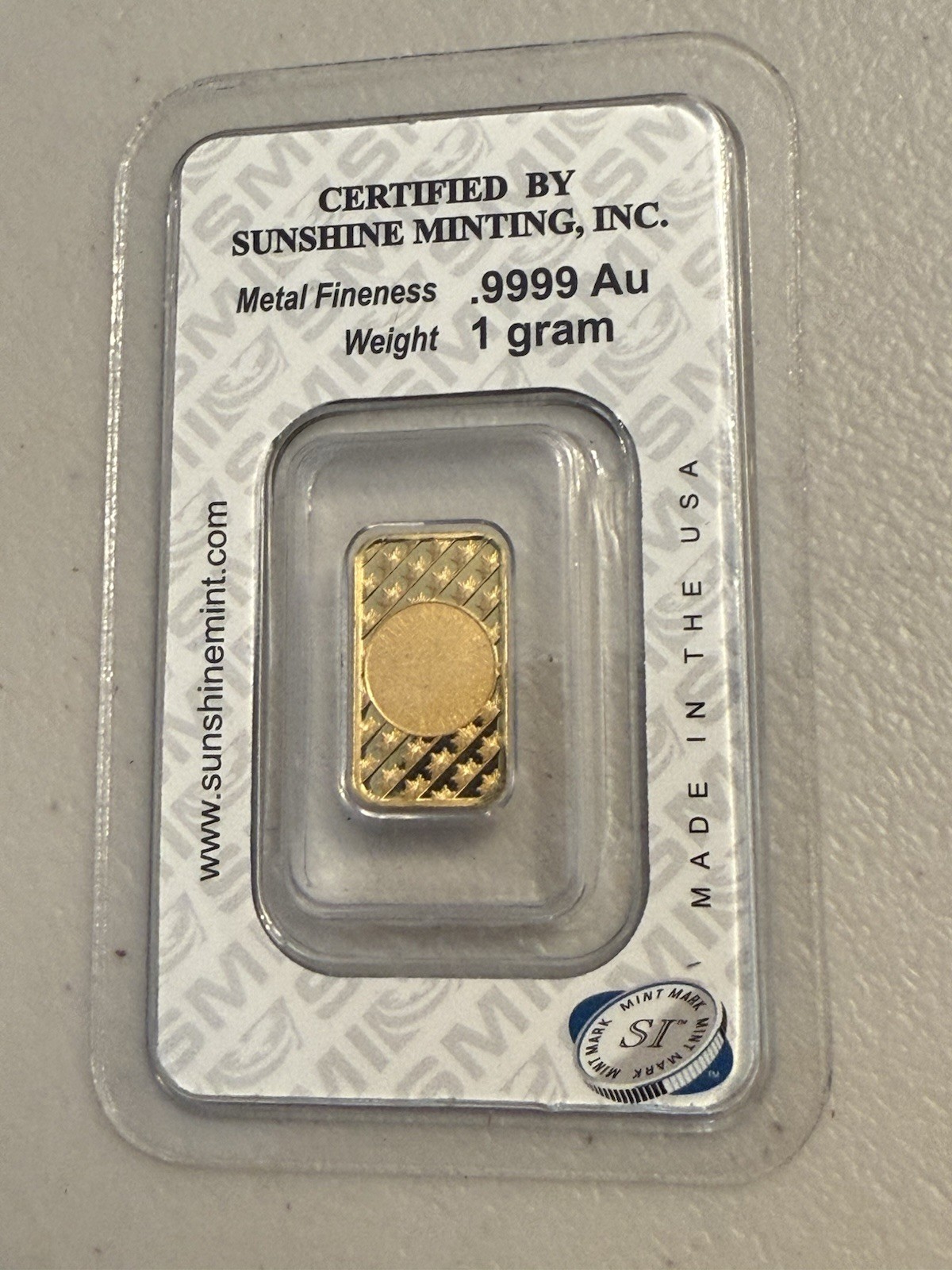 Sunshine Minting (SMI) 1 Gram 9999 Gold Bar-Sealed W Assay! W Security Feature🦅