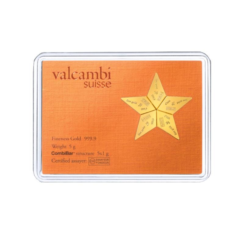 Valcambi Suisse 5×1 Gram Gold Star CombiBar (0.160754 oz) with Assay Card