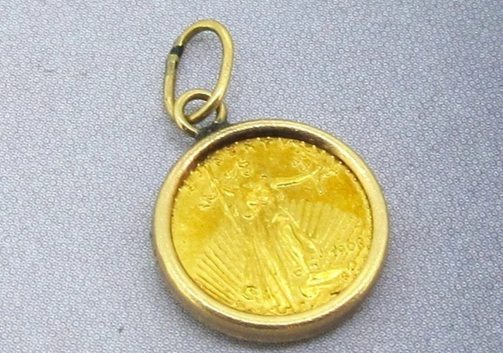 1908 Mini Lady Liberty 22K St. Gaudens Gold Coin in 14k Yellow Gold Frame Bezel