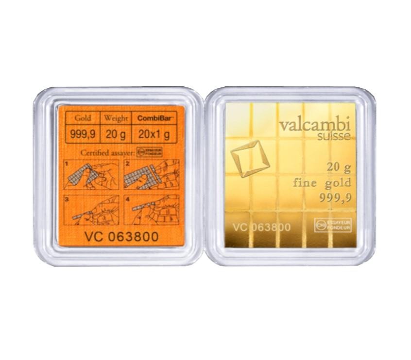 20 x 1 gram Gold Valcambi CombiBar w/ Assay Card .9999 Gold Bullion #A684