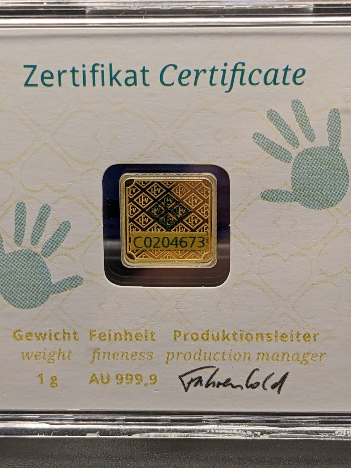 1 Gram 9999 Geiger Edelmetalle Baby Feet/Birth Square Gold Bar (New w/ Assay)