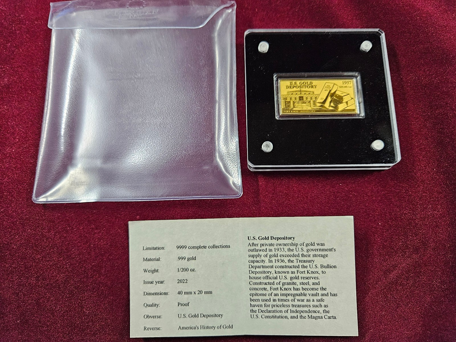 🌟 2022 American Mint U.S. GOLD DEPOSITORY 1/200 oz .999 Gold Proof Bar
