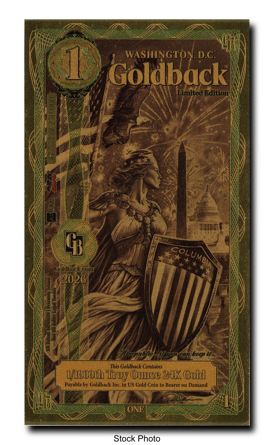 2026 Washington D.C. 1/1000 oz 24K Gold Foil Note Limited Edition 1 Goldback