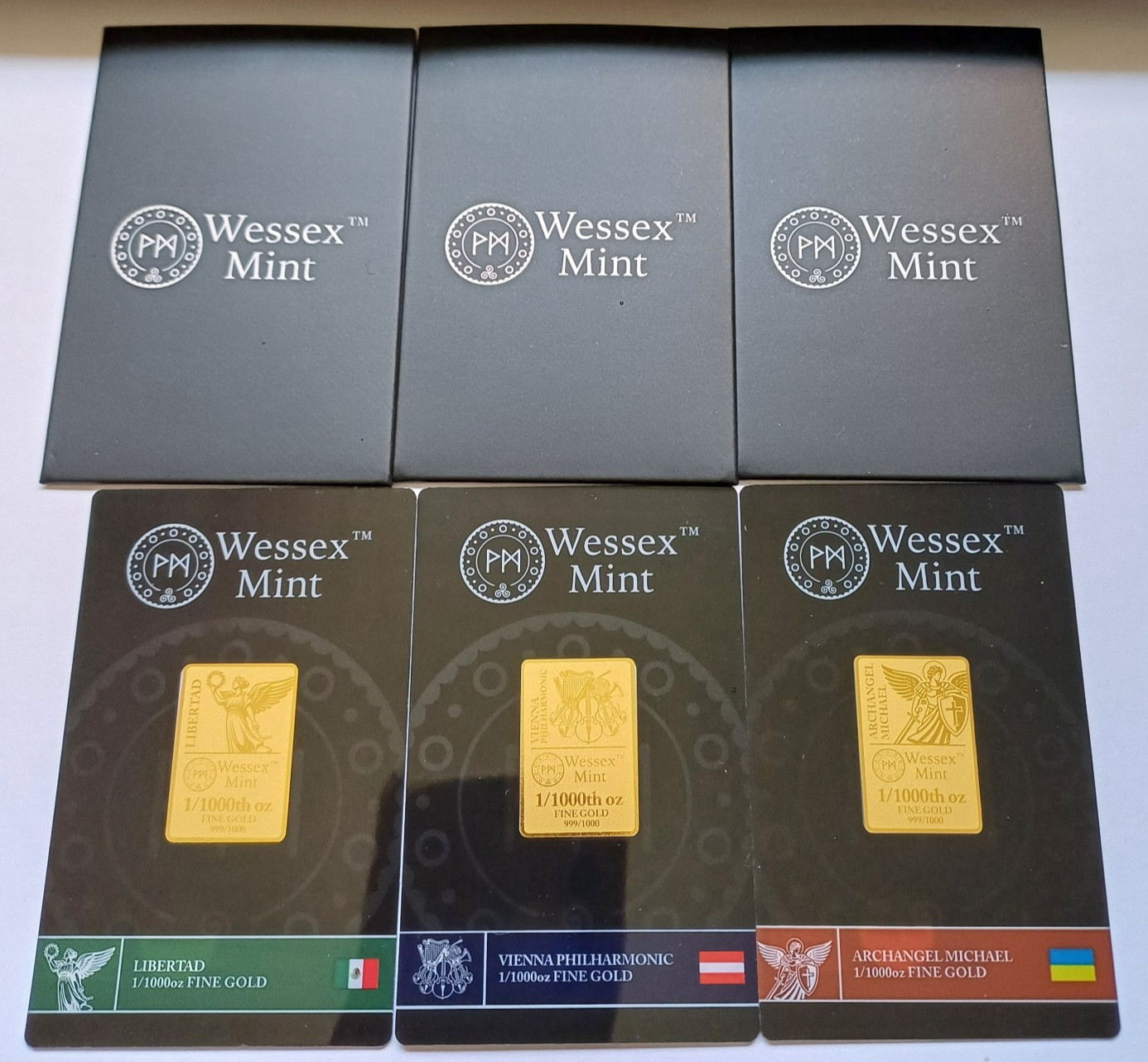 Wessex Mint 1/1000th oz 0.0311g Libertad, Vienna, ArchAngel Michael Gold Bars