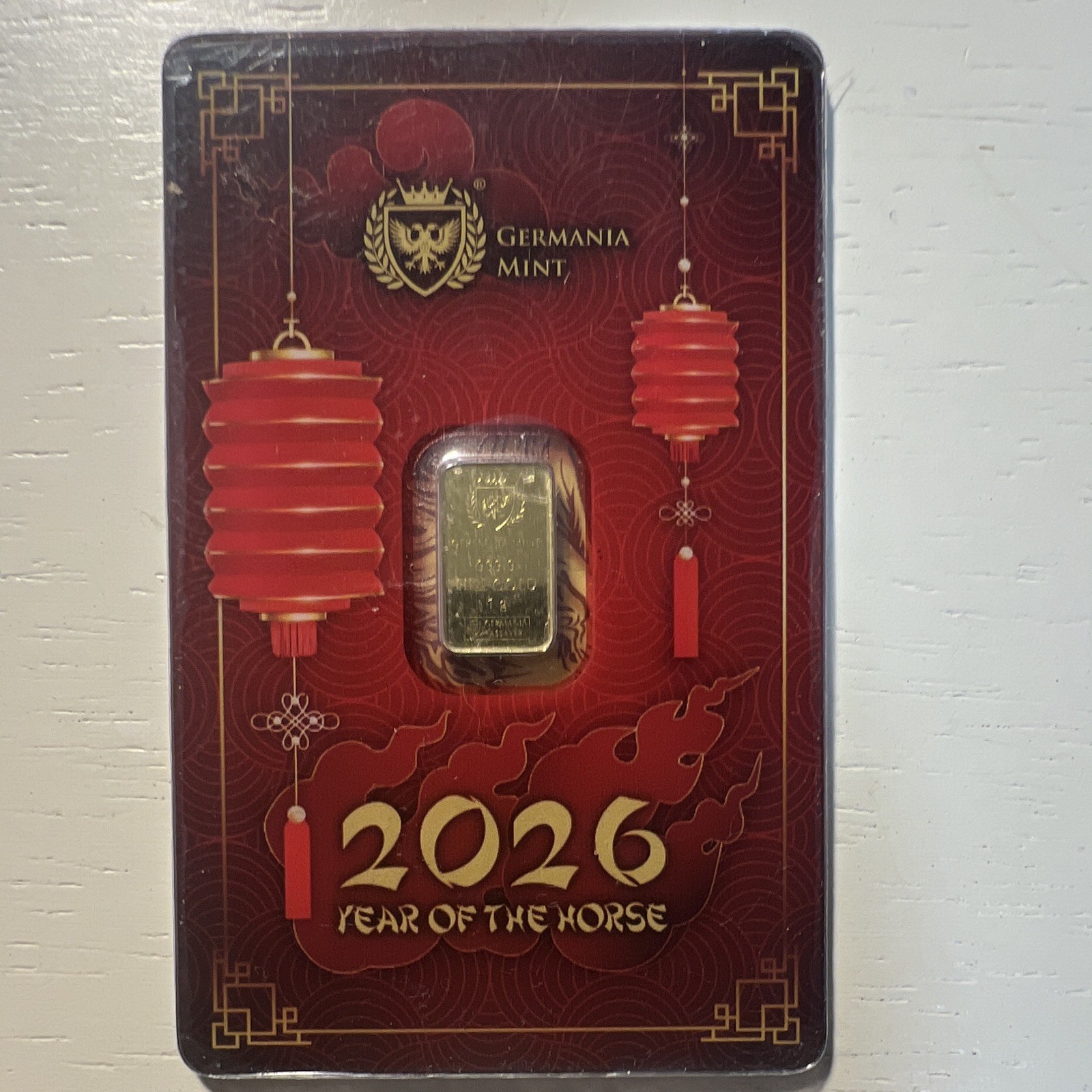 Germania Mint 2026 Year of the Horse 1 g Gold Bar 999.9 Fine in Assay Card