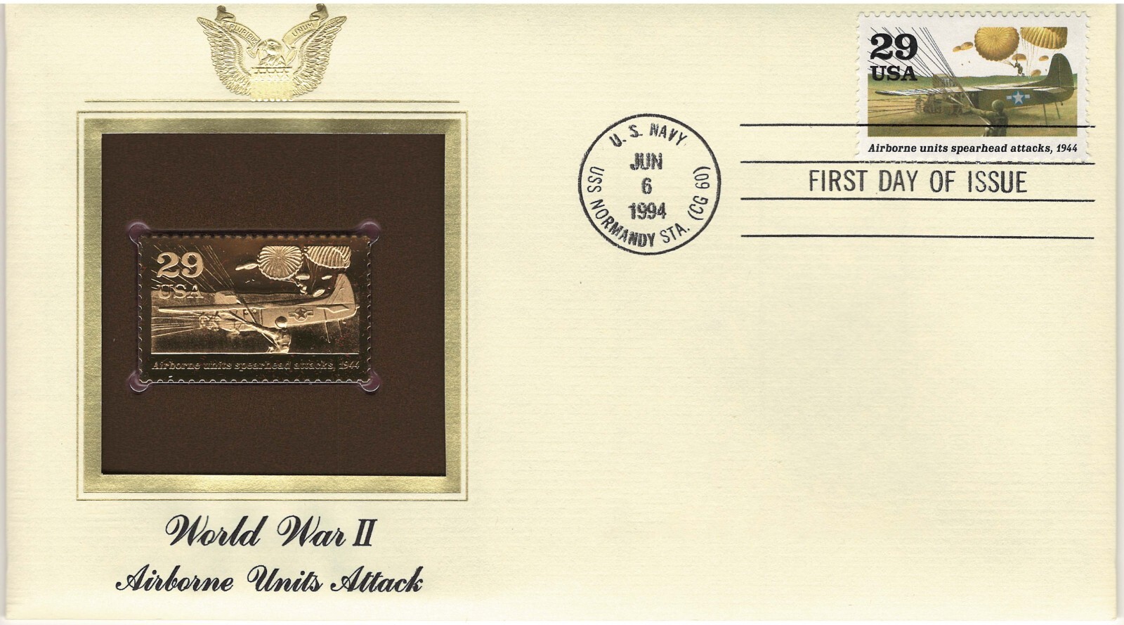 AIRBORNE UNITS SPEARHEAD ATTACKS 1944 WORLD WAR II 22KT GOLD STAMP COMMEMORATIVE