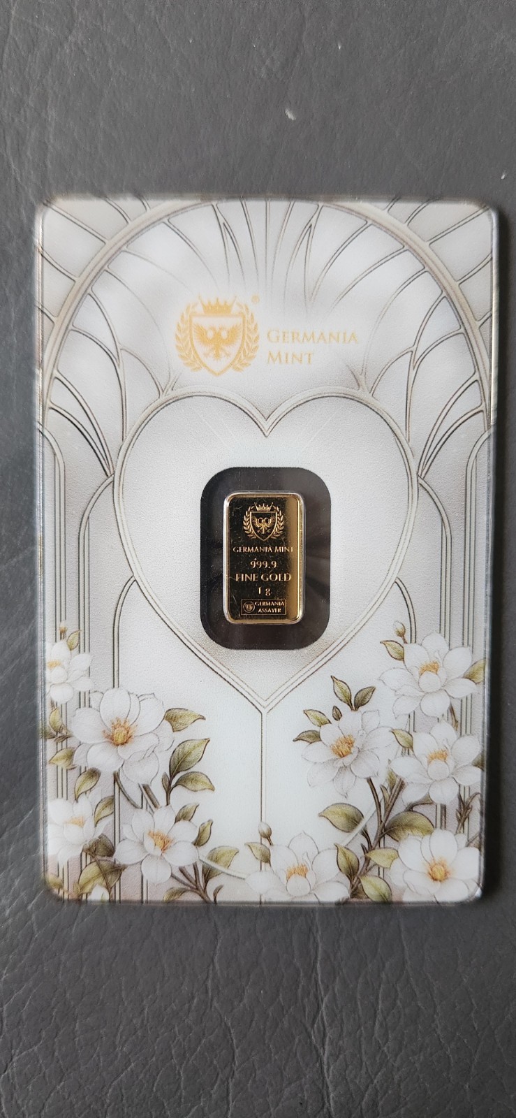 Germania Mint 1 gram 999.9 Fine Gold Bar In Assay “Best Wishes”