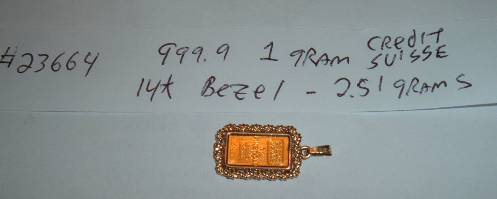 24K GOLD Credit Suisse 999.9 FINE INGOT BAR 14K ROPE BEZEL PENDANT CHAIN 2.51g