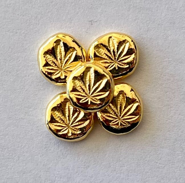 Pot leaf 1.00 g GOLD .9999 hand poured bar + 1 gram silver bar 999
