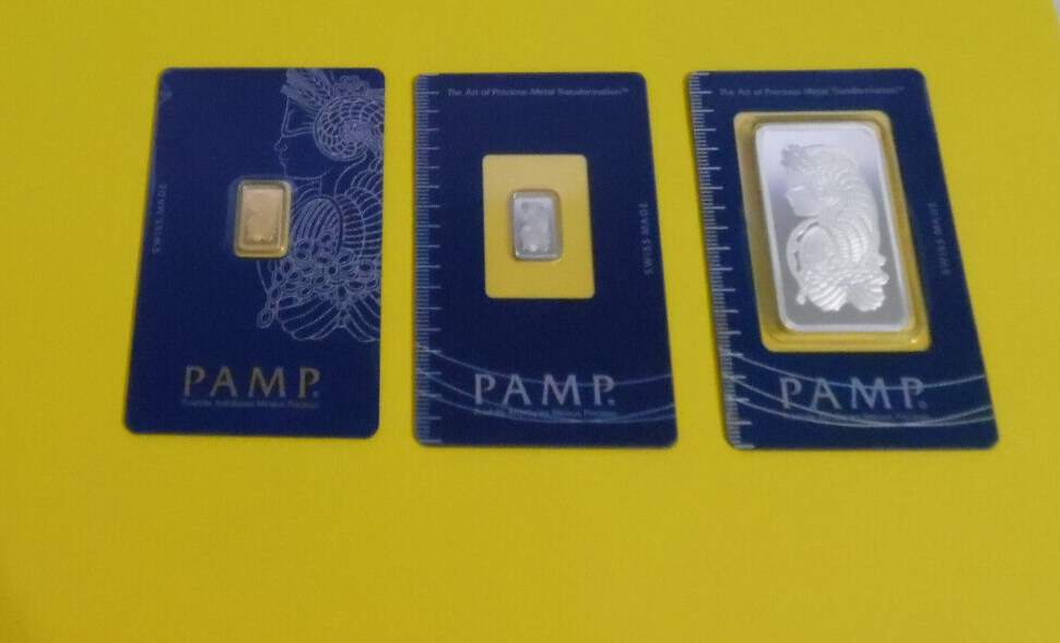 3 Pamp Suisse Lady Fortuna Bullion Bars 1 oz Silver 1 Gram Each Gold & Platinum