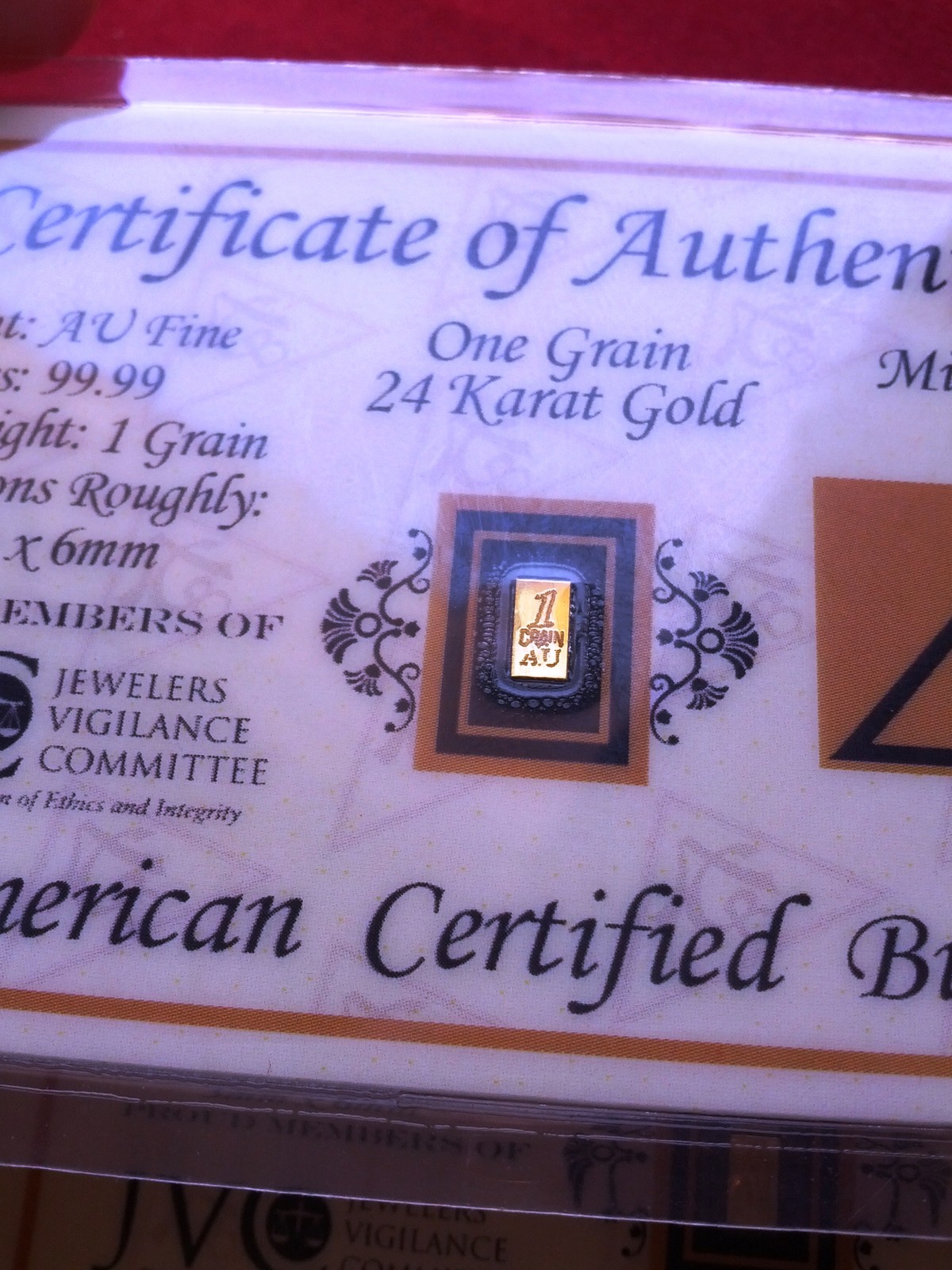 ACB Gold Vertical 1GRAIN 24K AU BULLION BAR 9999 FINE W/ CERTIFICATE !$