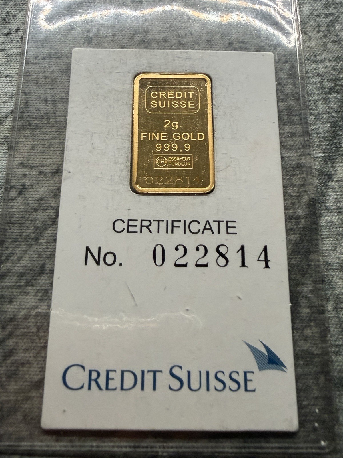 2 Gram Credit Suisse Gold Bar Certified 999.9 Valcambi W/Assay Card. VINTAGE