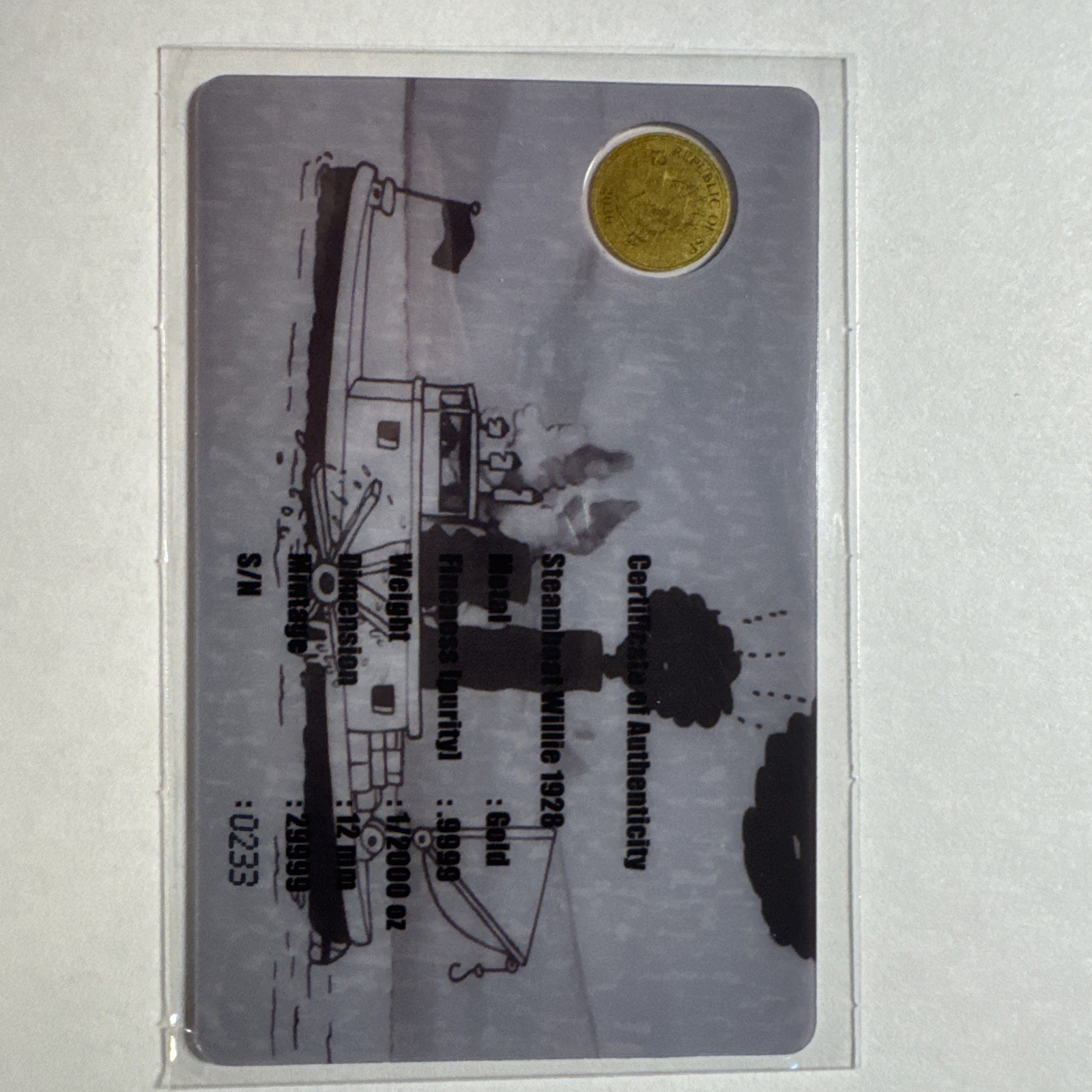 Steamboat Willie 1928 1/2000 Oz .9999 Gold Round Card #0233/29999 w/COA 2026￼