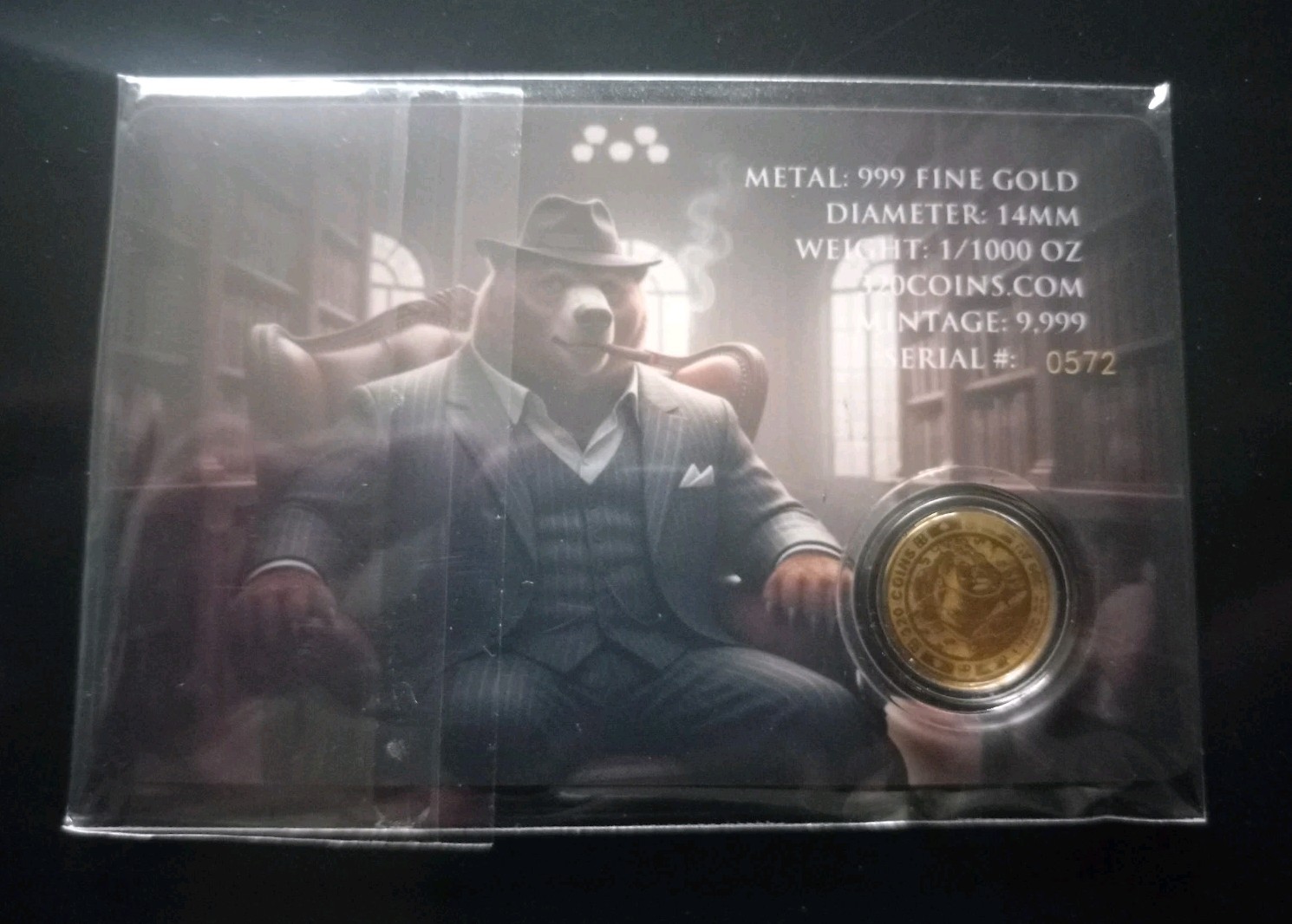 1/1000th oz Gold Round, Gangster Bear, Limited Coin Capsule in Card