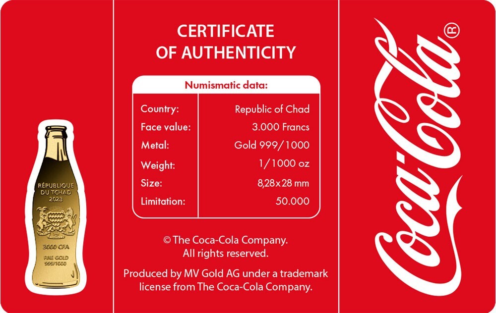 COCA COLA Bottle Shape 1/1000 Oz Gold 999 Coin card 3000 Francs Chad 2023