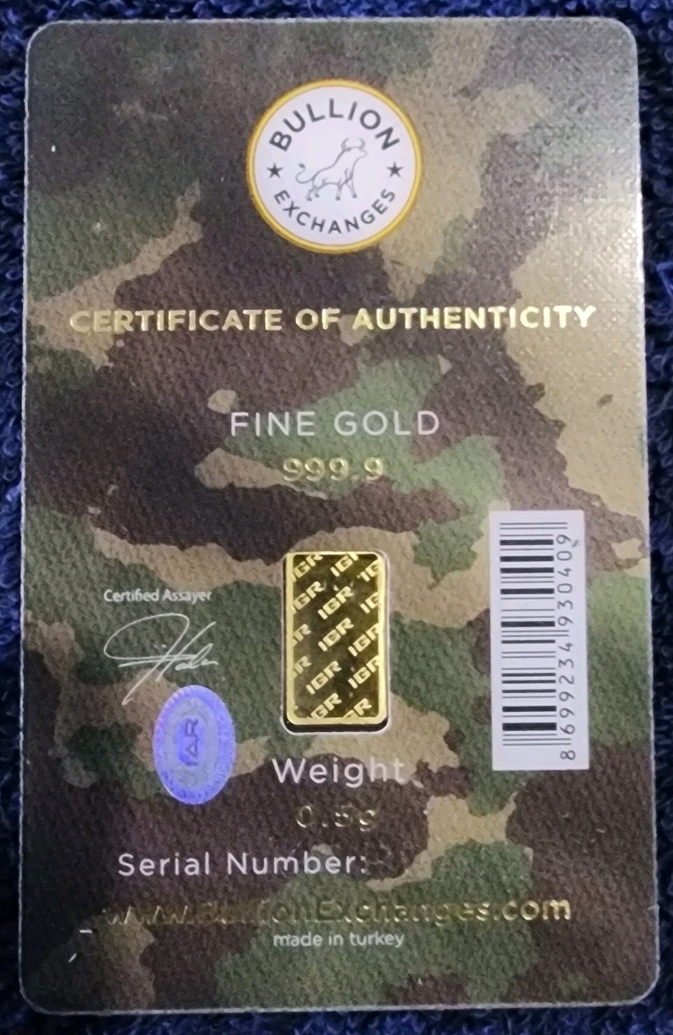1/2 Gram .5 IGR Support Our Troops 999.9 Fine Gold Bar Factory Seal #BEA12337