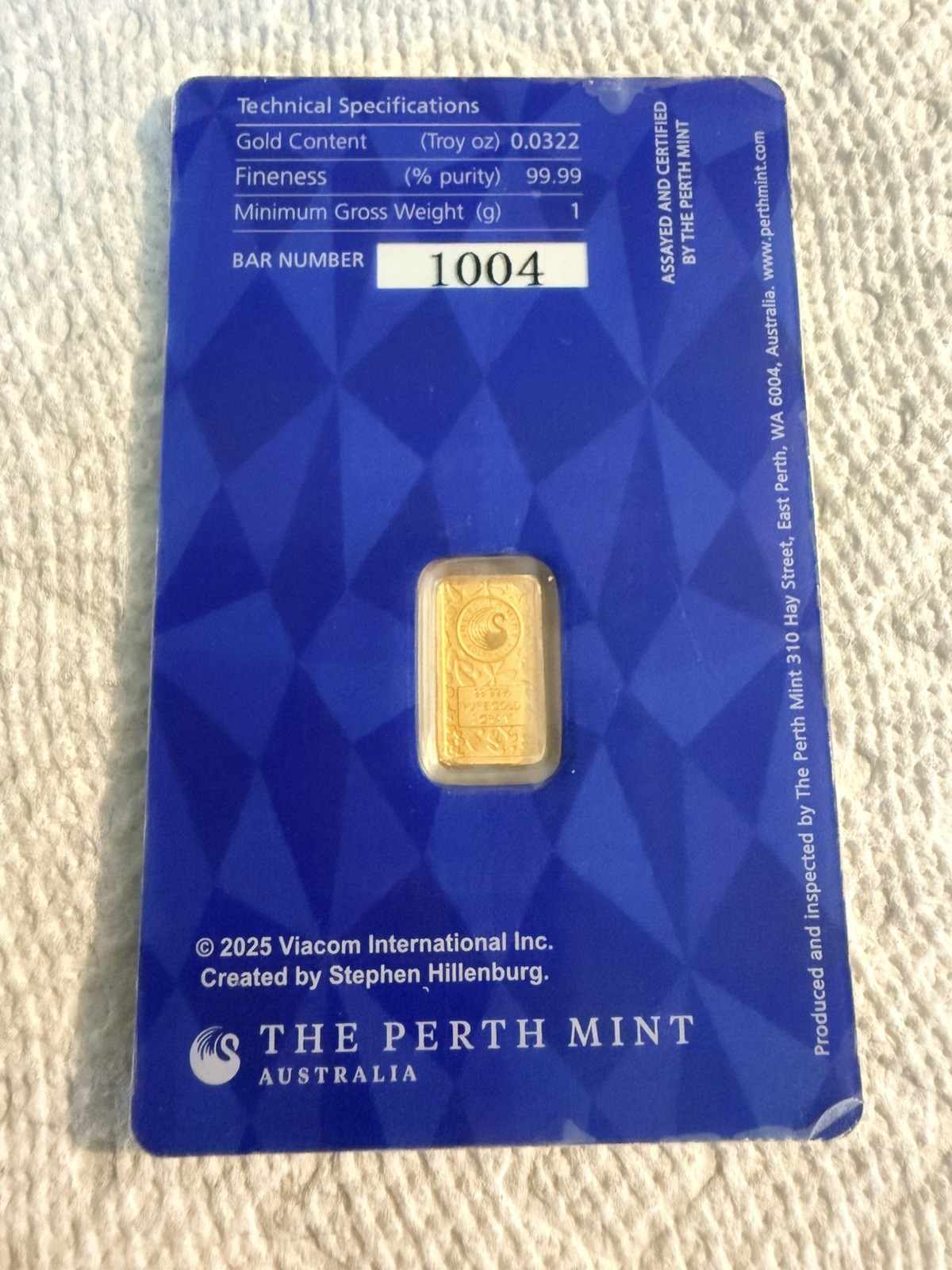 2025 Perth Mint Sponge Bob Square Pants 1 gram .9999 Fine Gold Bar. 5,000 Minted