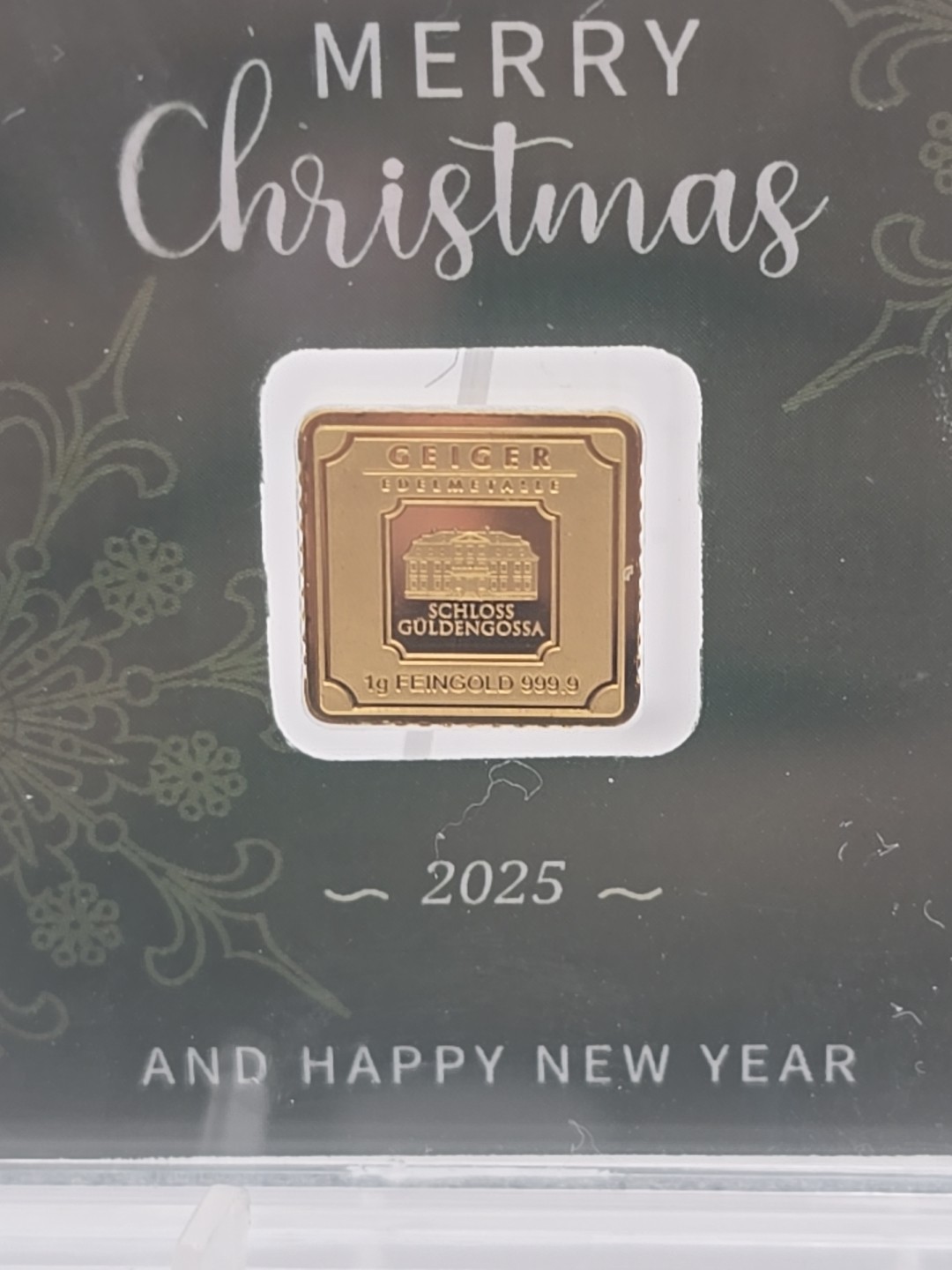 Geiger 1 gram .9999 Gold Bar 2025 MERRY CHRISTMAS & HAPPY NEW YEAR Sealed Assay