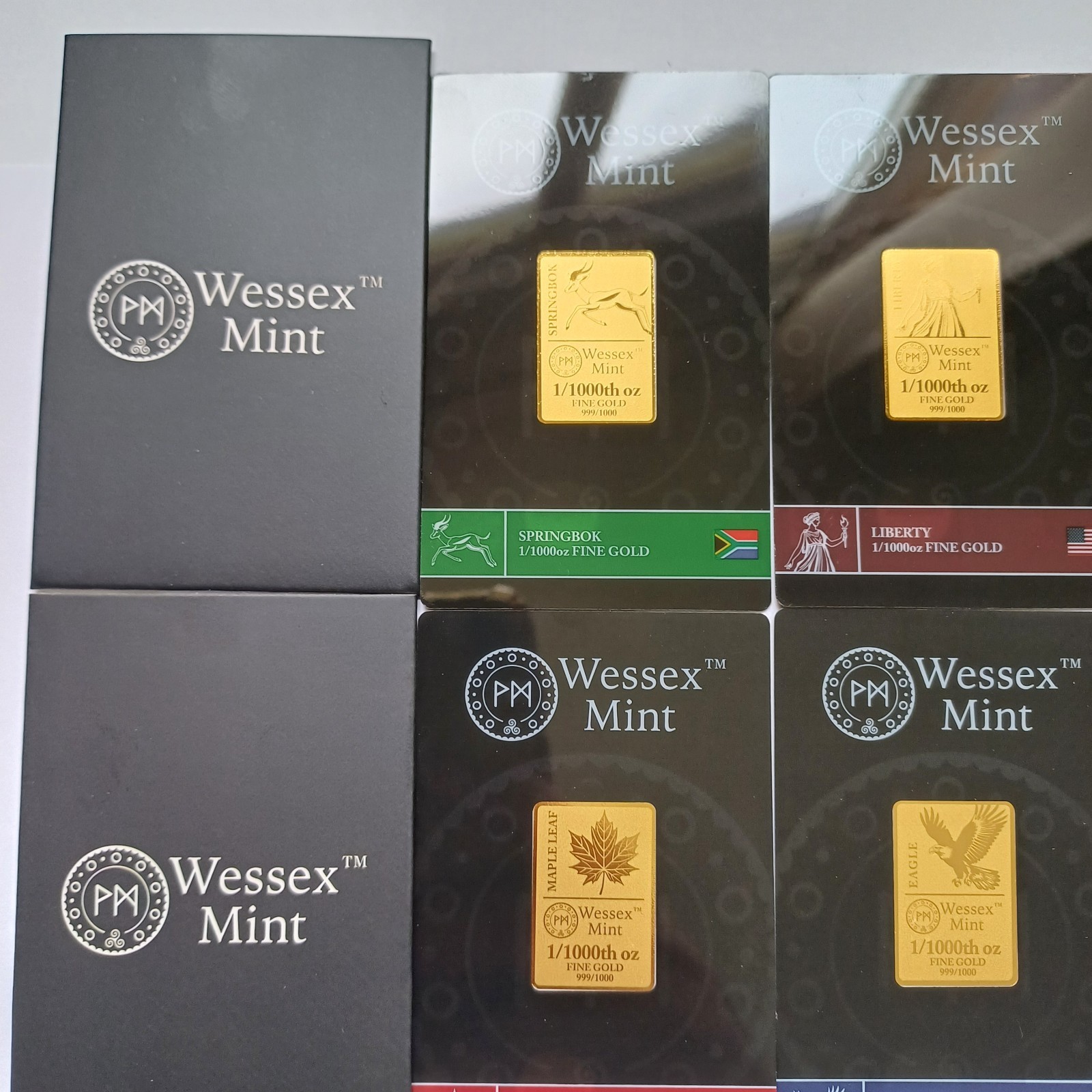 Wessex Mint 1/1000th oz 0.0311g Eagle, Liberty, Springbok & Maple Leaf Gold Bars