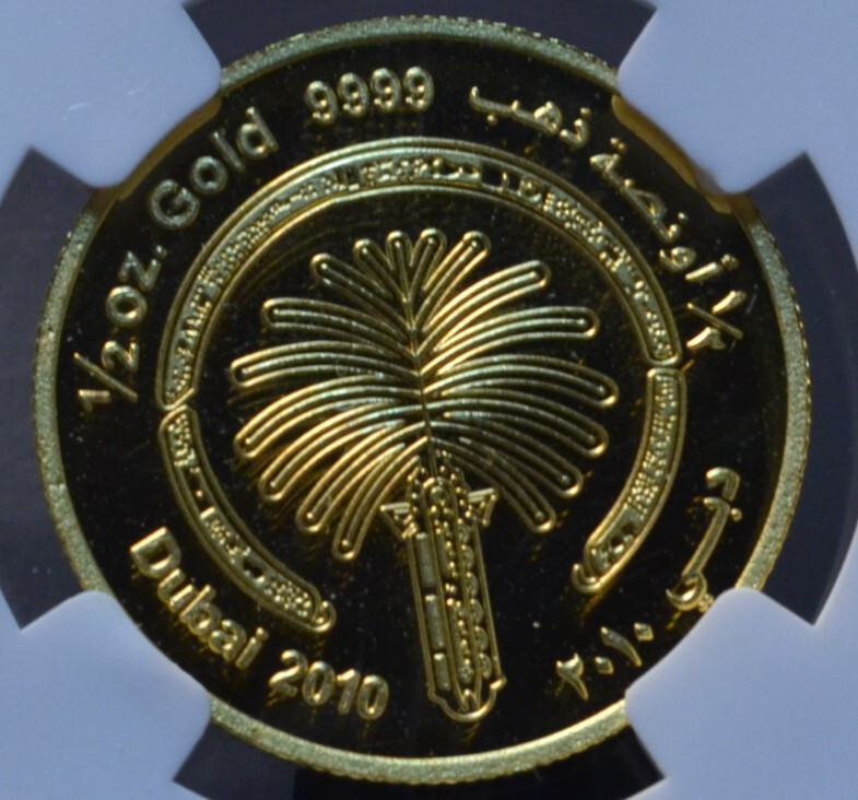 2010 U.A.E SHEIKH RASHID AL MAKTOUM NGC PF65 UCAM 1/2 OZ .999 GOLD MEDAL DUBAI