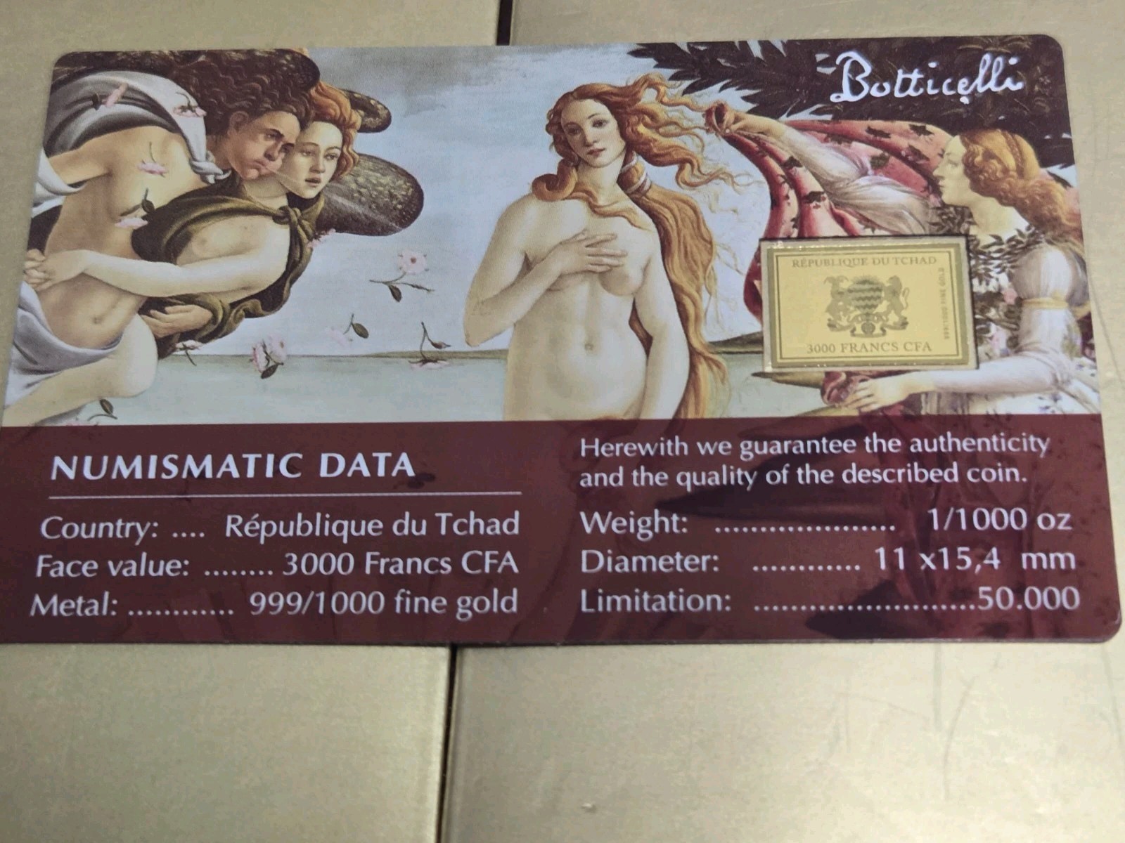 BOTTICELLI Birth Of Venus 999 GOLD 1/1000 oz Republic of Chad Coin