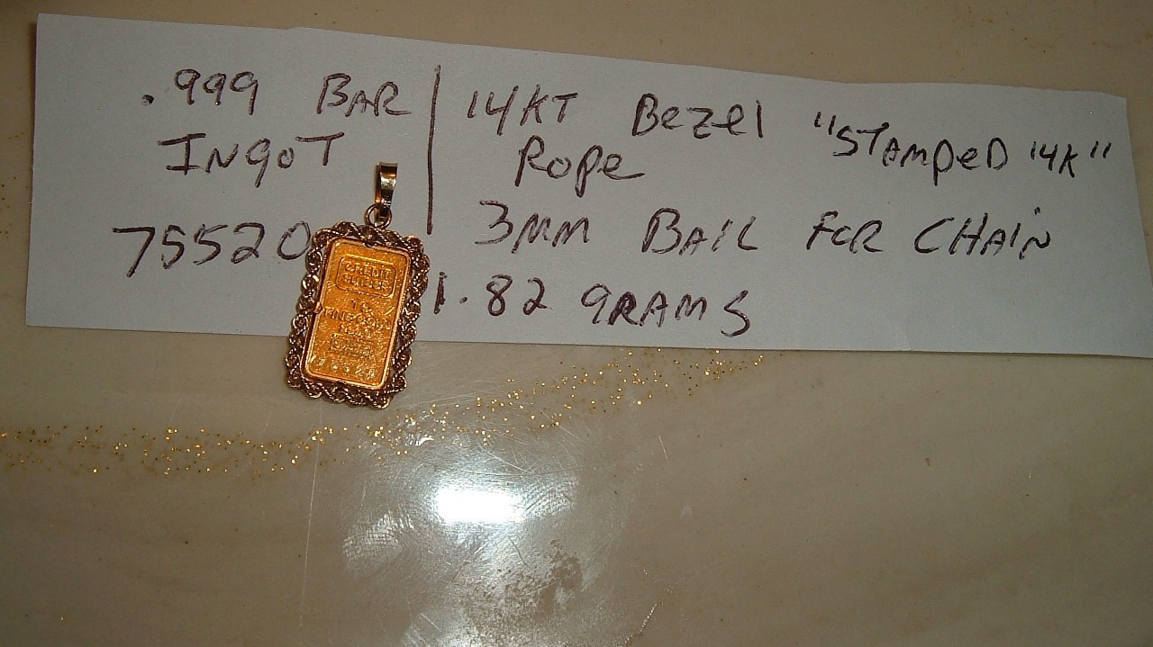 1 GRAM 999.9 FINE GOLD CREDIT SUISSE BAR 14 KT ROPE BEZEL 3MM BAIL PENDANT 1.8g