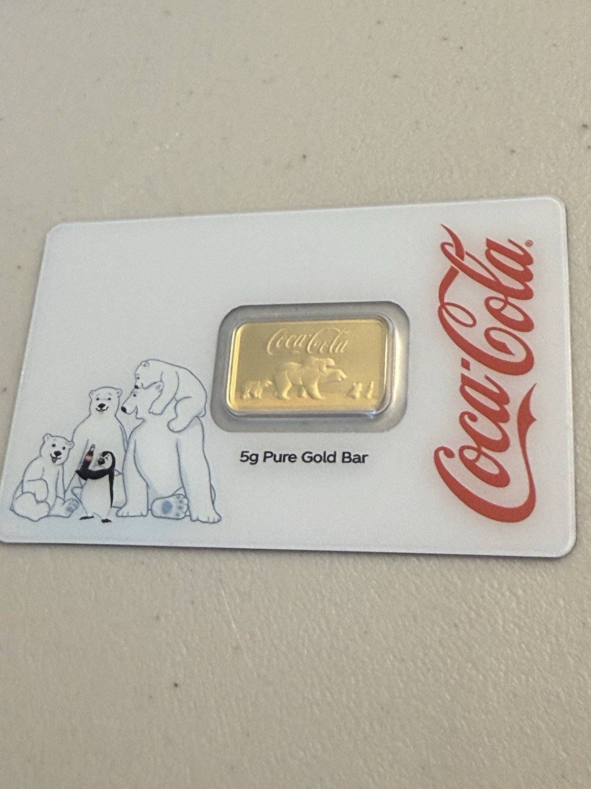 5 Gram Coca-Cola Holiday Polar Bear Gold Bar (New w/ Assay)