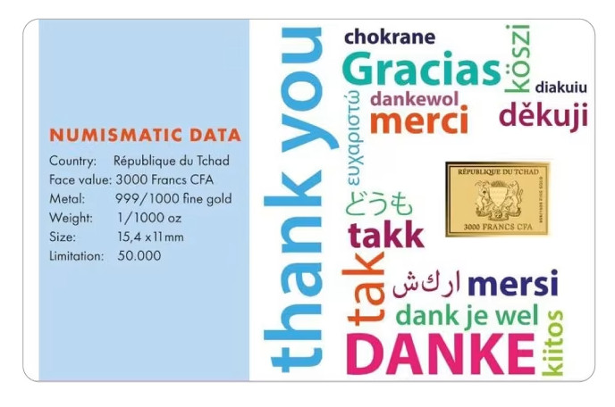 THANK YOU 1/1000 Oz .999 Gold Coin 3000 Francs Chad 2025