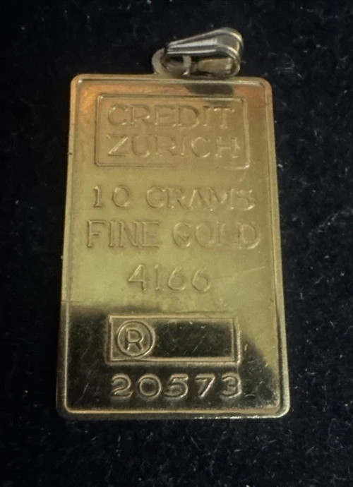 SOLID FINE 10K GOLD .416 BAR 1 GRAM INGOT CREDIT ZURICH PENDANT 2MM BAIL CHARM