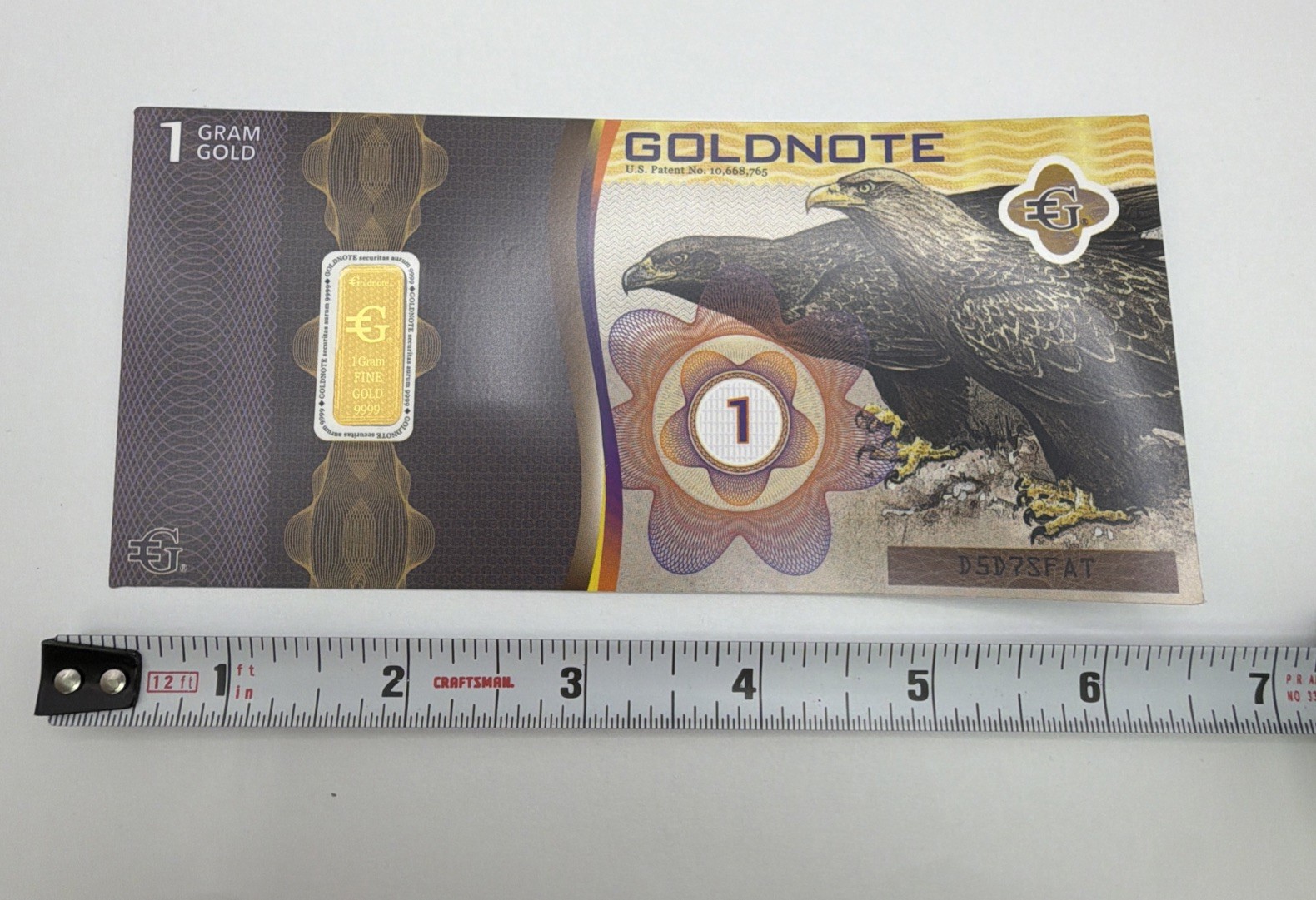 1 Gram Aurum 9999 Gold 24k Goldnote Bar Eagle Note Serialized