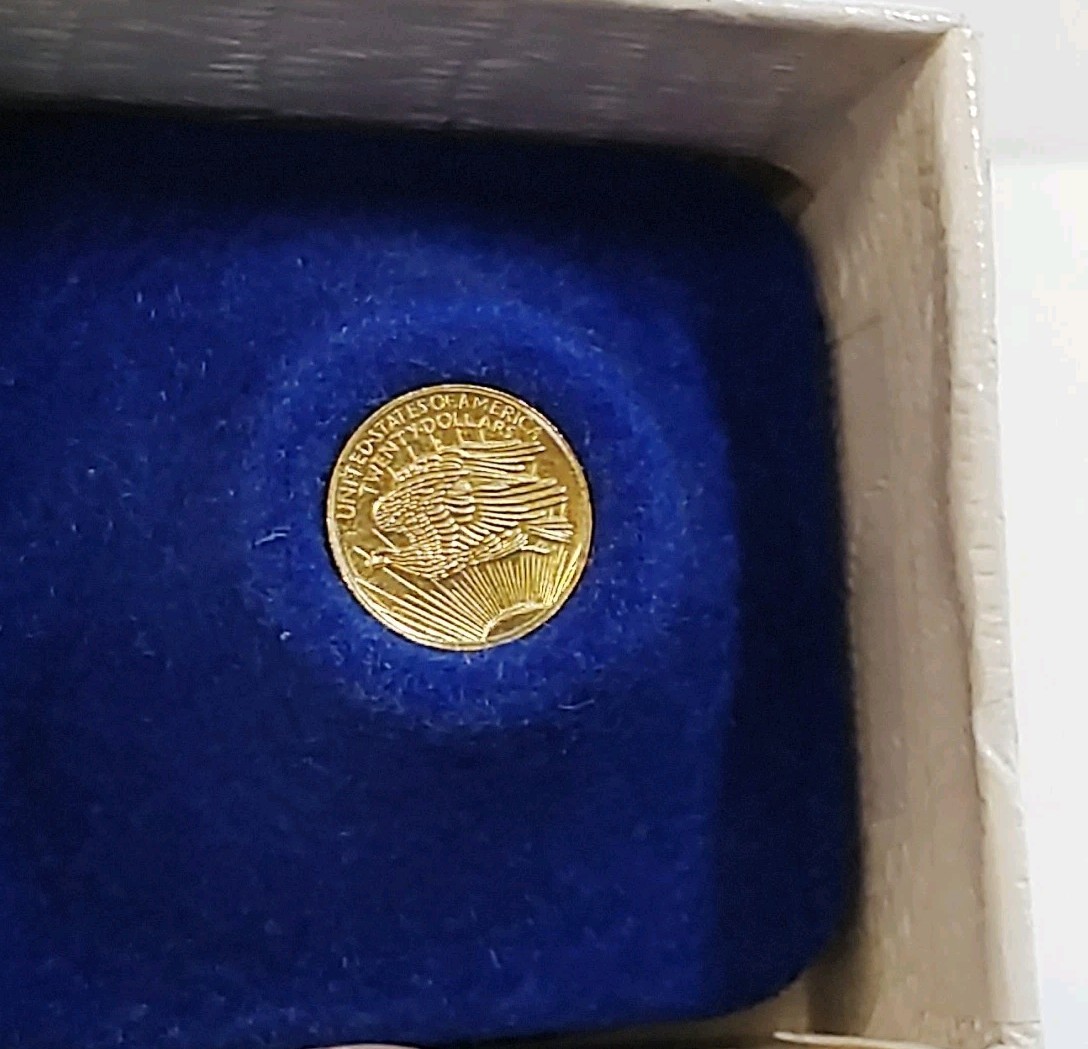 22K YELLOW GOLD ST. GAUDENS $20 MINIATURE COIN COLUMBIA MINT IN BOX ESTATE .5g
