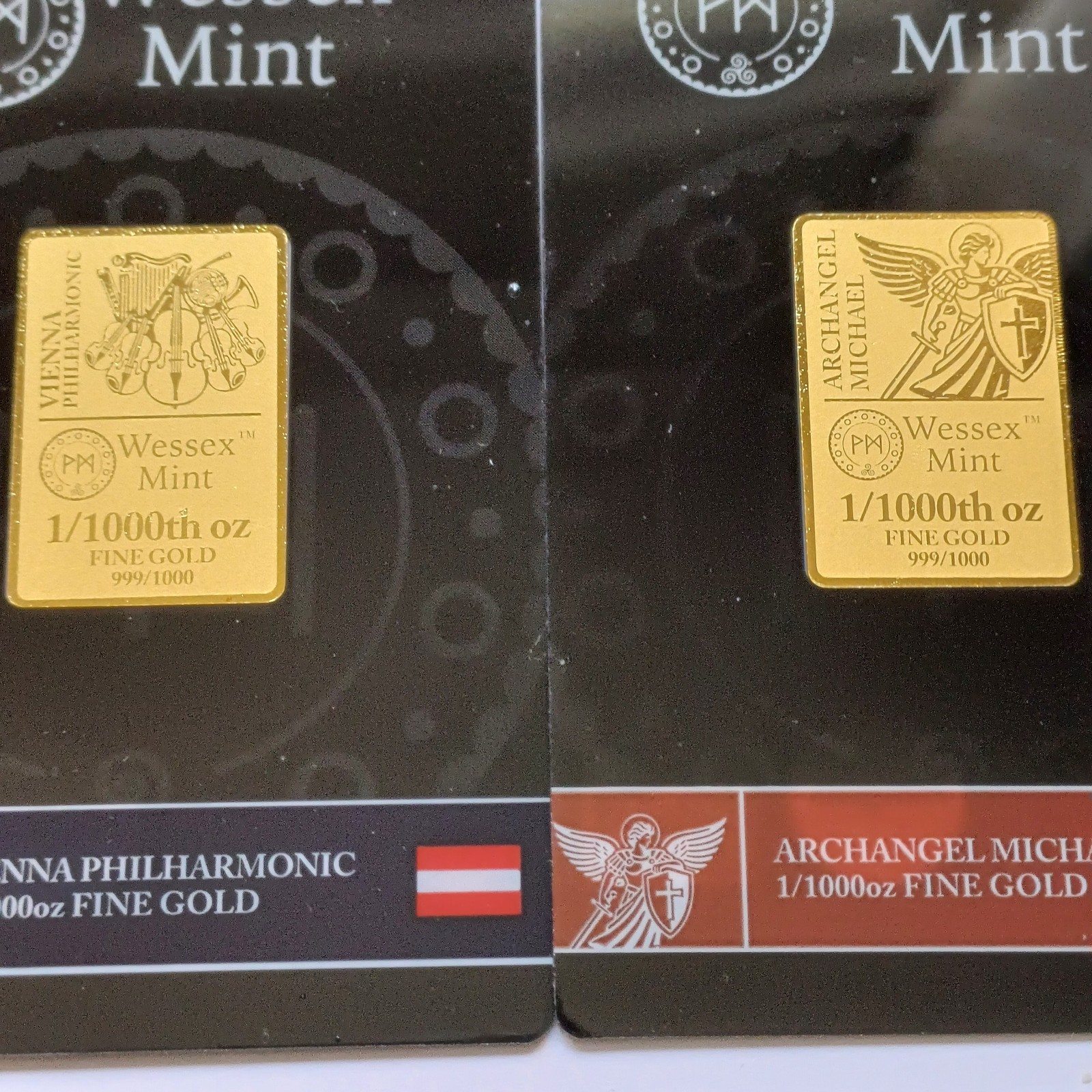 Wessex Mint 1/1000th oz 0.0311g Libertad, Vienna, ArchAngel Michael Gold Bars